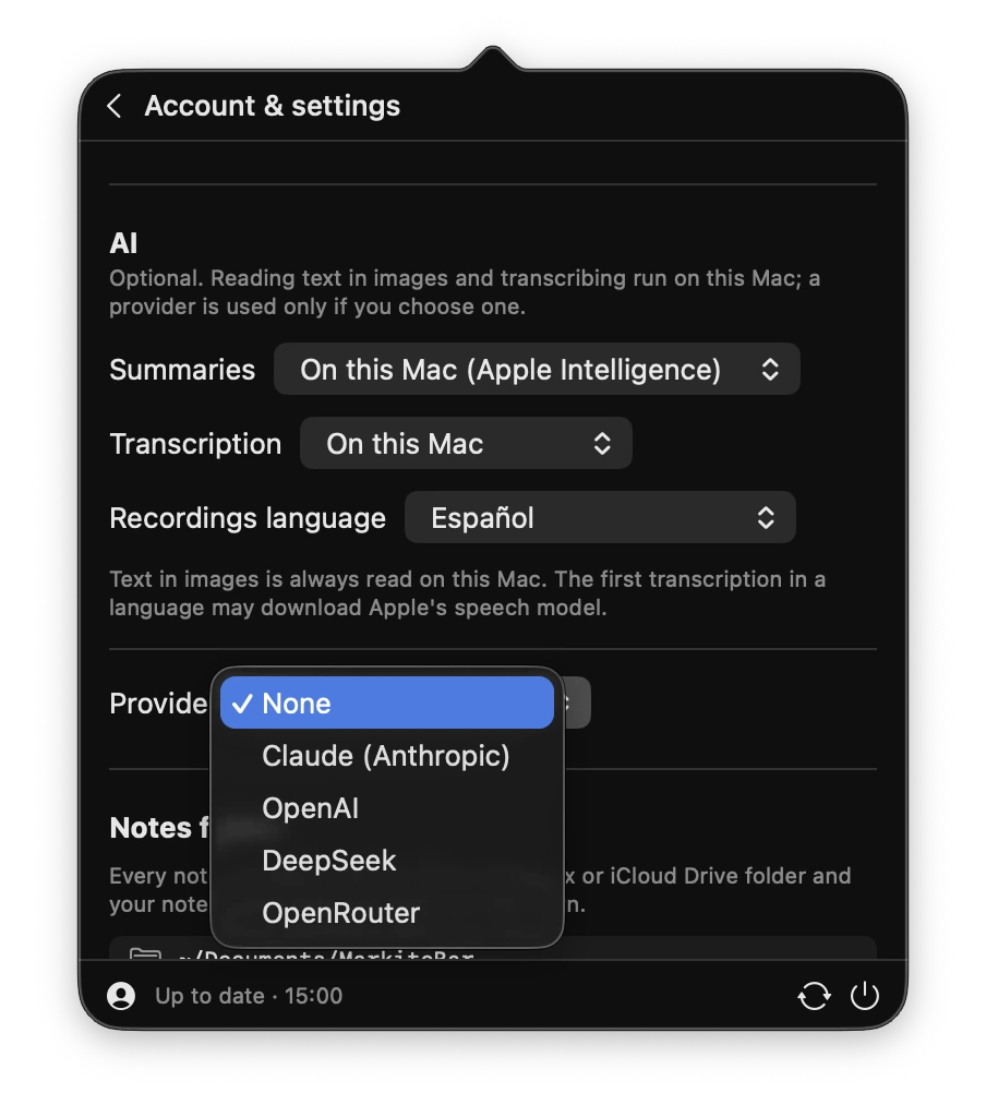 Ajustes de IA do MarkitoBar: resumos e transcrição neste Mac, e um menu de provedor com None, Claude, OpenAI, DeepSeek e OpenRouter.