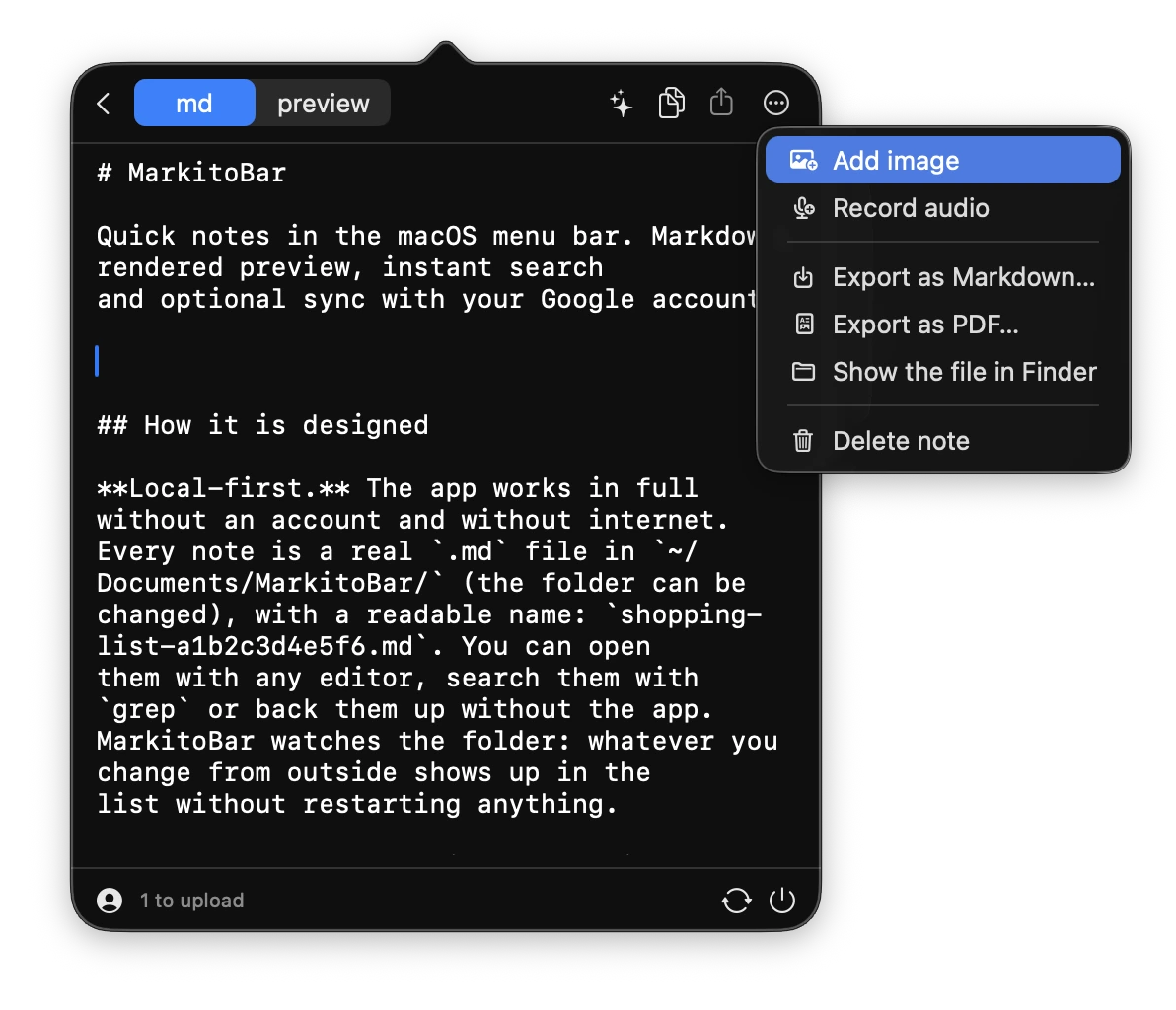 Uma nota na aba md com o menu de ações aberto: adicionar imagem, gravar áudio, exportar como Markdown ou PDF, mostrar o arquivo no Finder e apagar a nota.