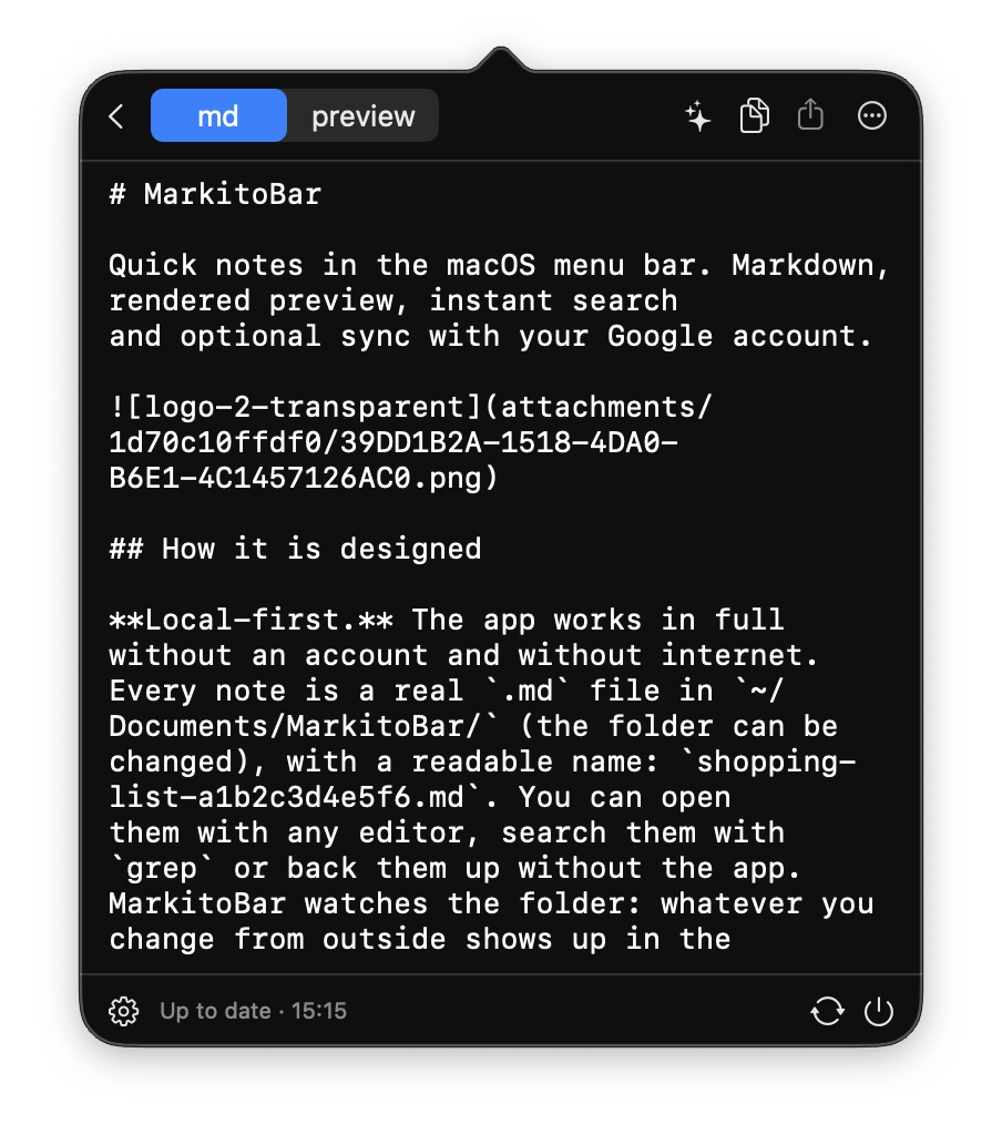 Nota de MarkitoBar abierta en la pestaña md, con el Markdown editable en tipografía monoespaciada.
