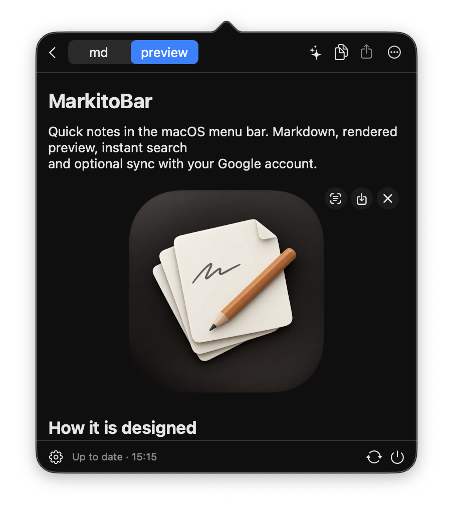 Panel de MarkitoBar abierto bajo la barra de menú, con una nota en modo preview: el título MarkitoBar, un párrafo y el ícono de la app.