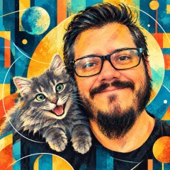 An illustrated portrait of Jorge with Cajú, the cat